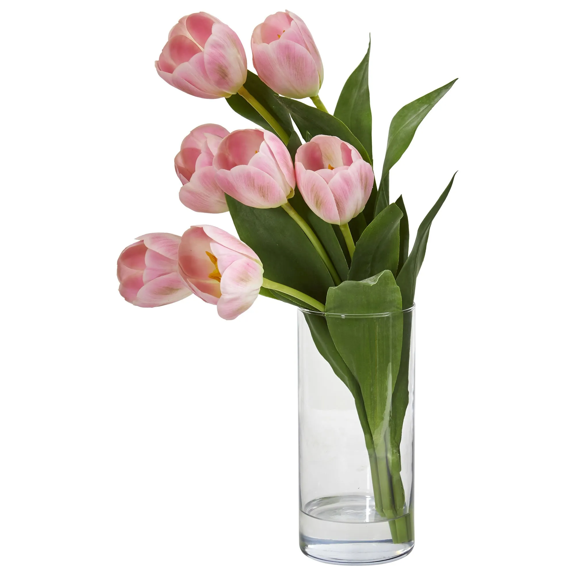 16" Artificial Tulip Arrangement in Cylinder Vase - Low Maintenance, Life-Like & Vibrant Silk Flowers For Busy People.