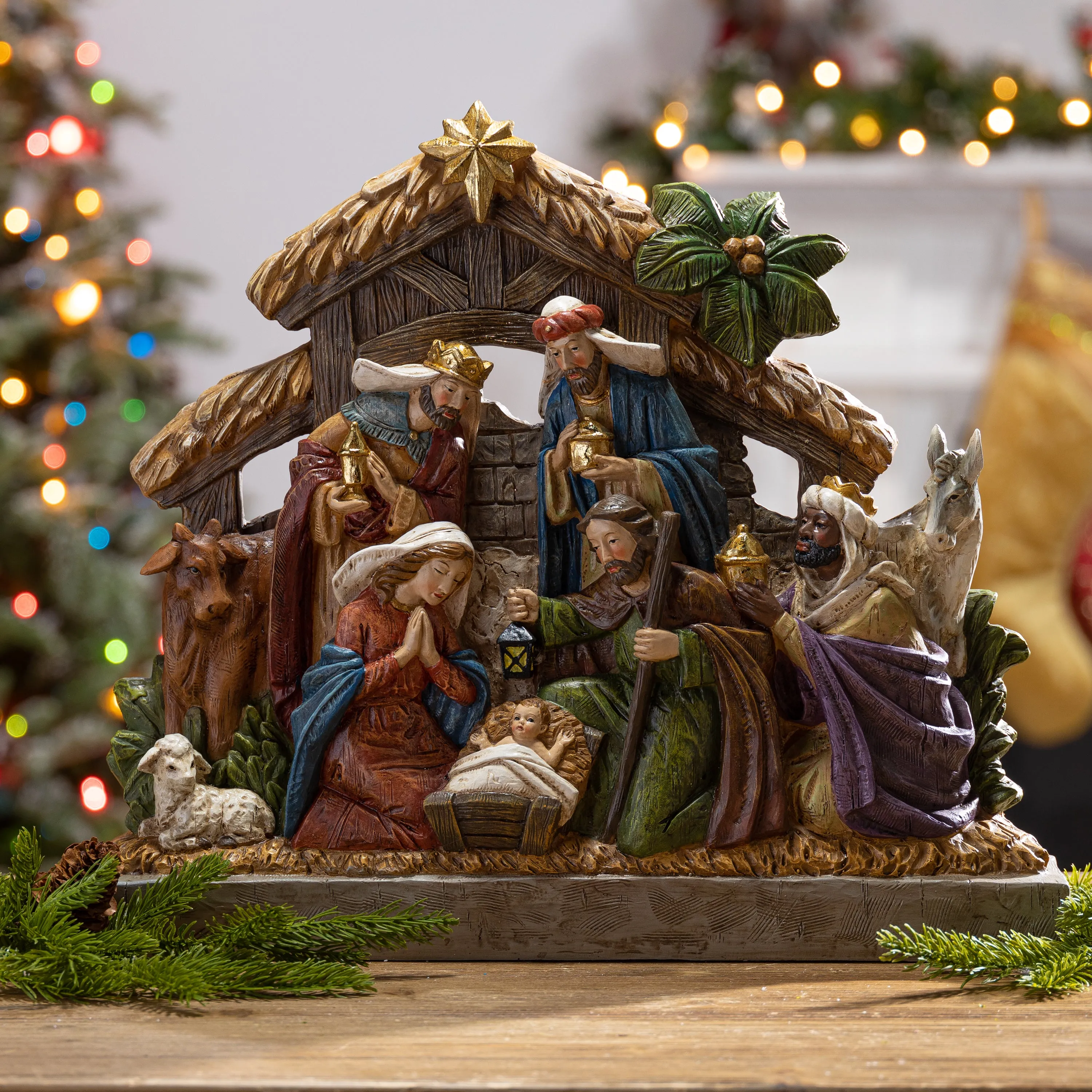 17.7-in L Battery- Operated Lighted Resin Nativity Stable with Figurines