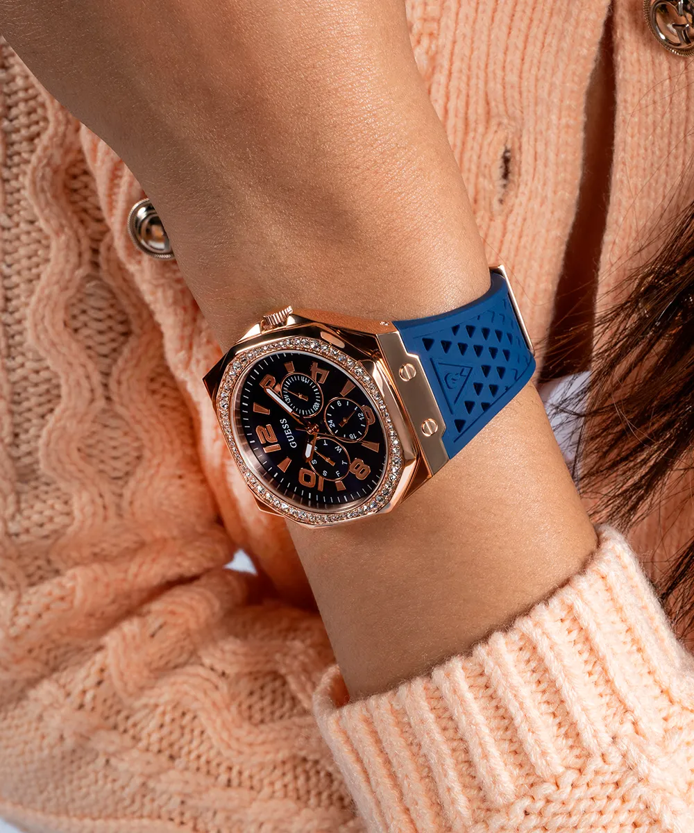 GUESS Ladies Blue Rose Gold Tone Multi-function Watch