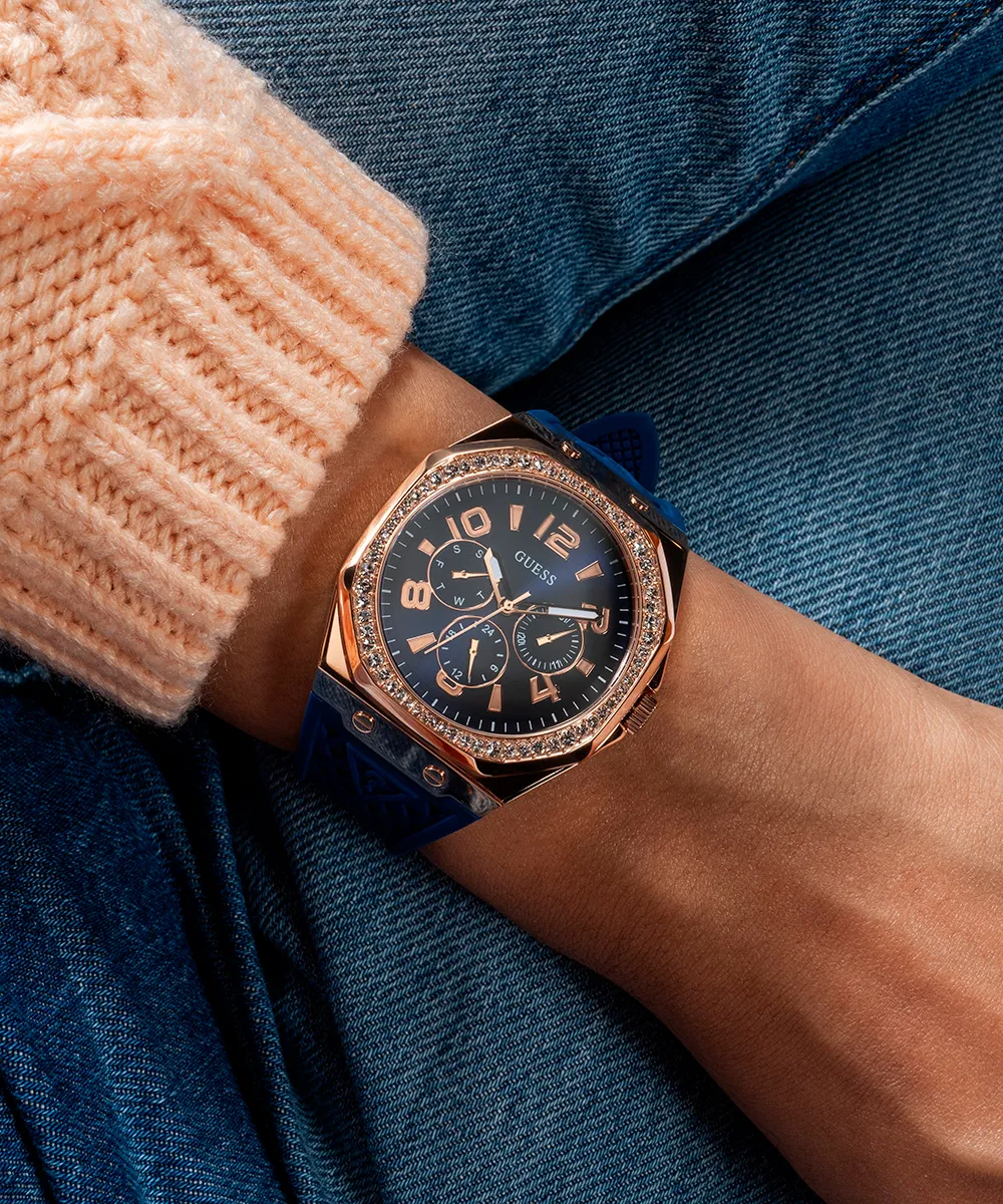 GUESS Ladies Blue Rose Gold Tone Multi-function Watch