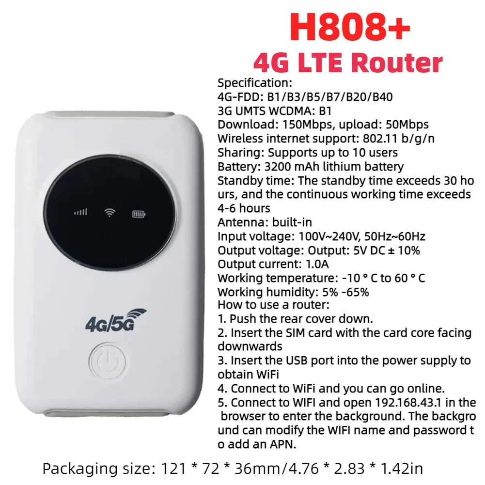 Pocket Wireless WiFi 150Mbps Portable Wireless Modem 3000mAh Mini Outdoor WIFI Hotspot with SIM Card Slot 4G Pocket WiFi Router