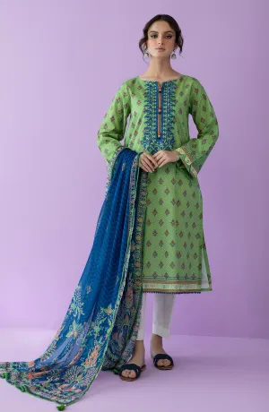 Unstitched 2 Piece Embroidered Lawn Shirt and Bimber Chiffon Dupatta (NRDS-23-005/U L.GREEN)