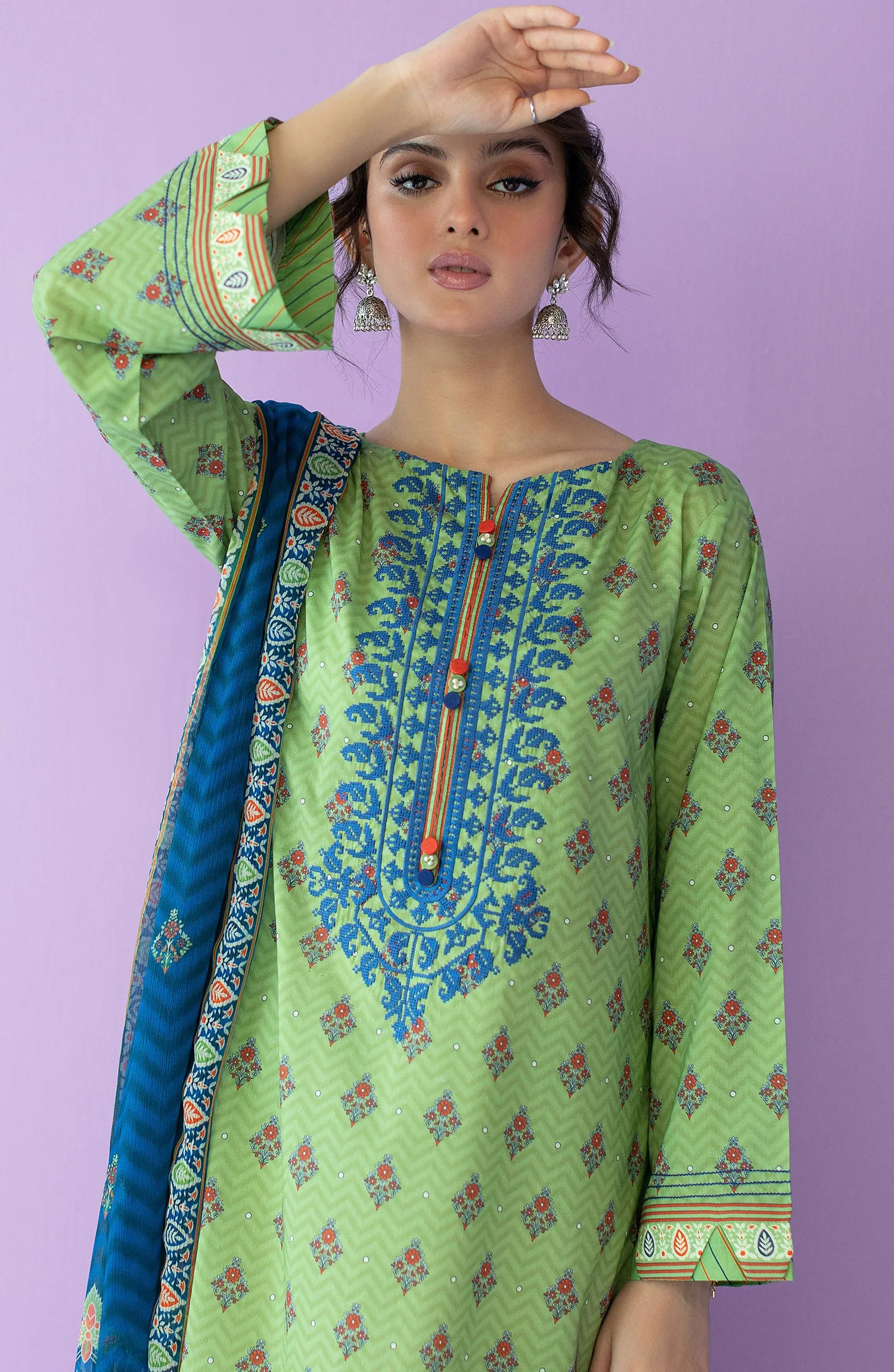 Unstitched 2 Piece Embroidered Lawn Shirt and Bimber Chiffon Dupatta (NRDS-23-005/U L.GREEN)