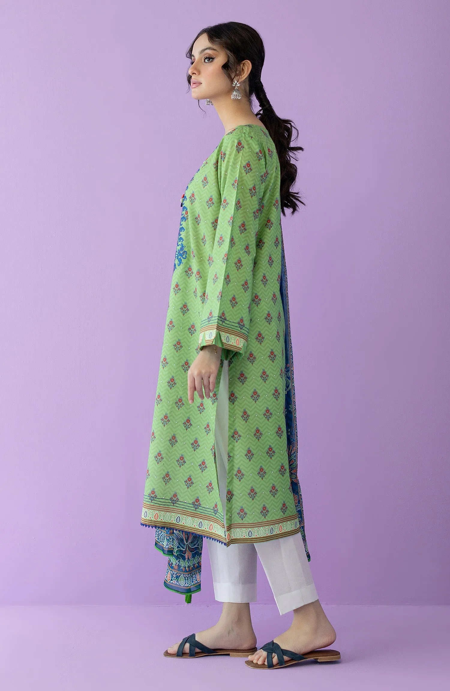 Unstitched 2 Piece Embroidered Lawn Shirt and Bimber Chiffon Dupatta (NRDS-23-005/U L.GREEN)