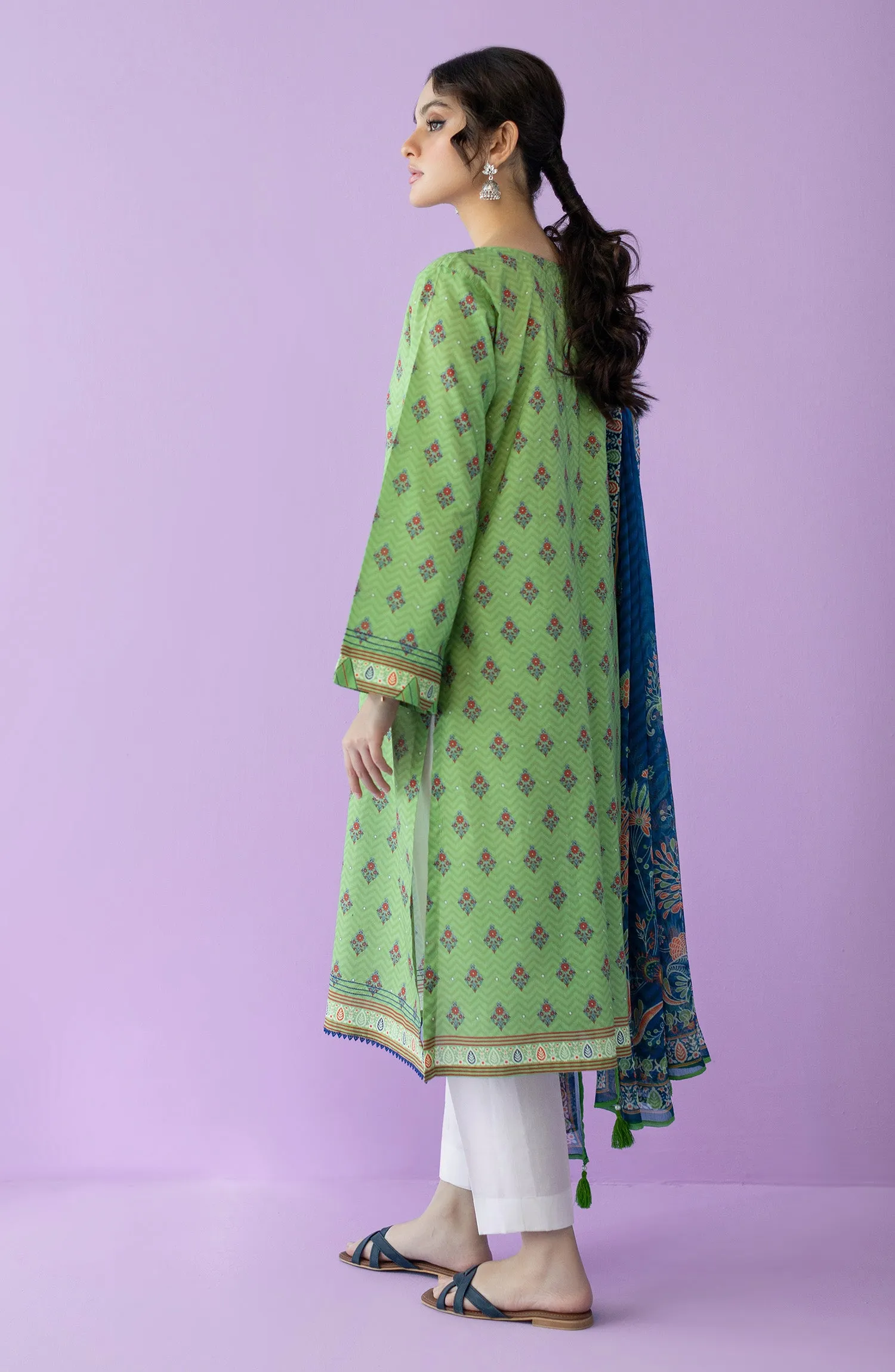 Unstitched 2 Piece Embroidered Lawn Shirt and Bimber Chiffon Dupatta (NRDS-23-005/U L.GREEN)