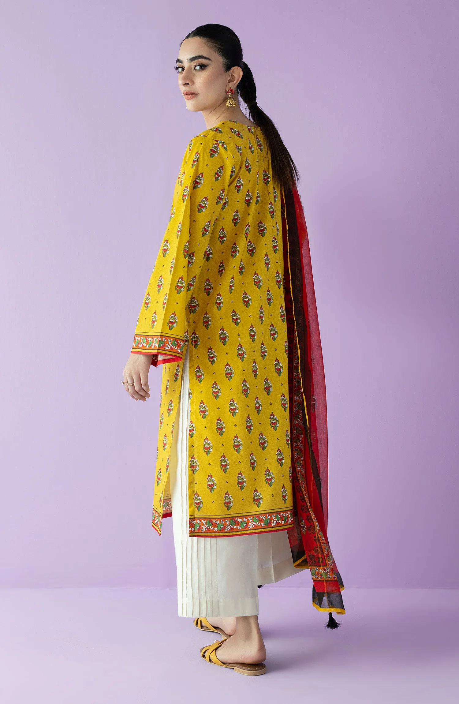 Unstitched 2 Piece Embroidered Lawn Shirt and Bimber Chiffon Dupatta (NRDS-23-006/U YELLOW)