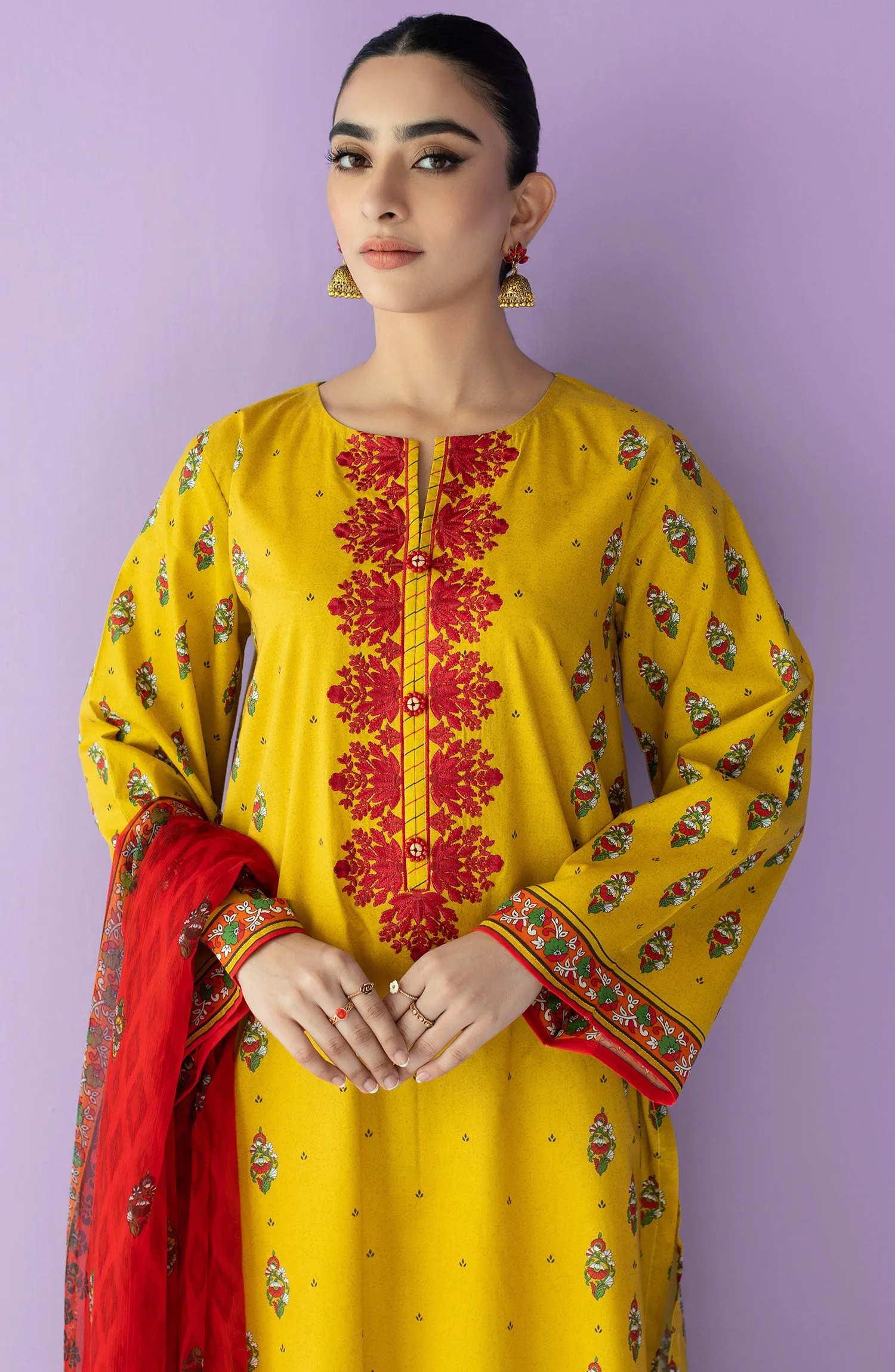 Unstitched 2 Piece Embroidered Lawn Shirt and Bimber Chiffon Dupatta (NRDS-23-006/U YELLOW)