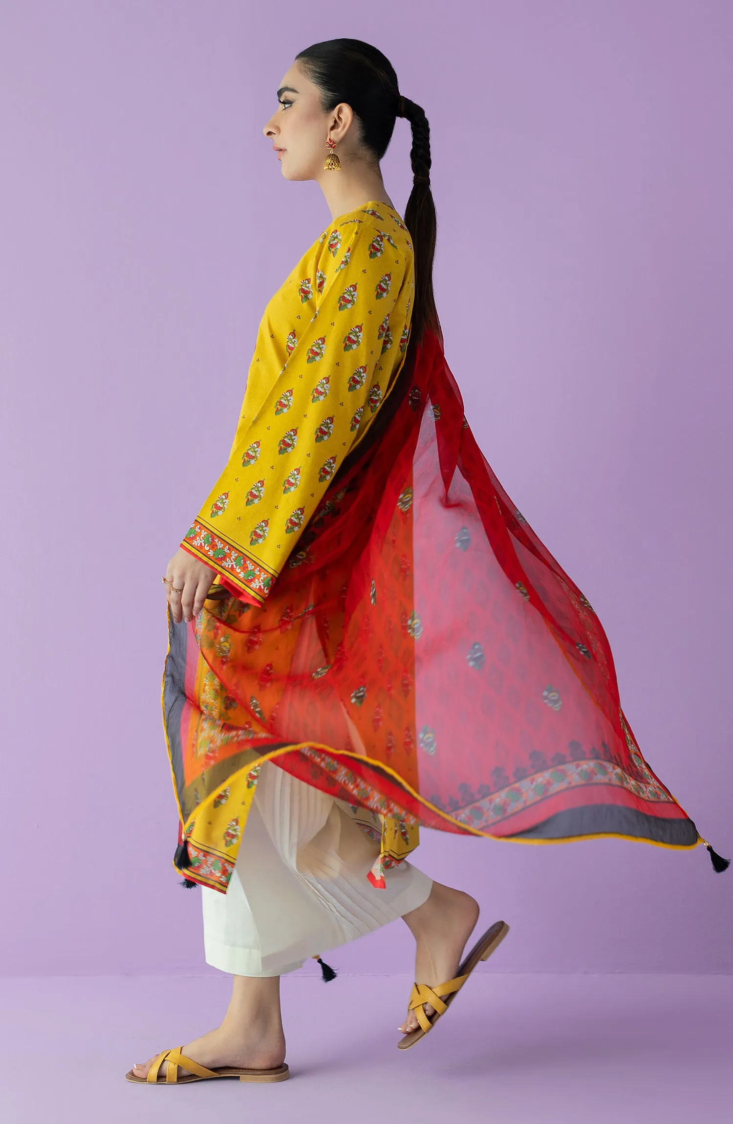 Unstitched 2 Piece Embroidered Lawn Shirt and Bimber Chiffon Dupatta (NRDS-23-006/U YELLOW)