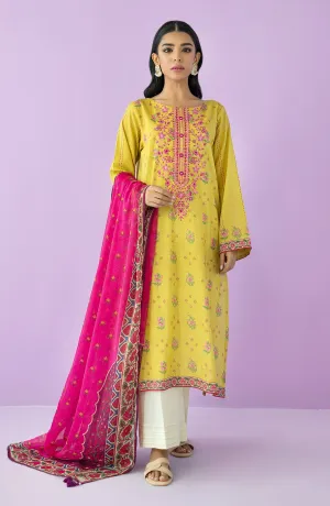 Unstitched 2 Piece Embroidered Lawn Shirt and Bimber Chiffon Dupatta (NRDS-23-066/U YELLOW)
