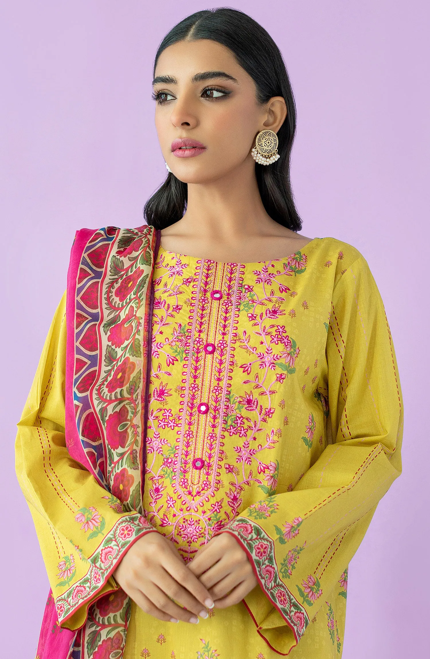 Unstitched 2 Piece Embroidered Lawn Shirt and Bimber Chiffon Dupatta (NRDS-23-066/U YELLOW)
