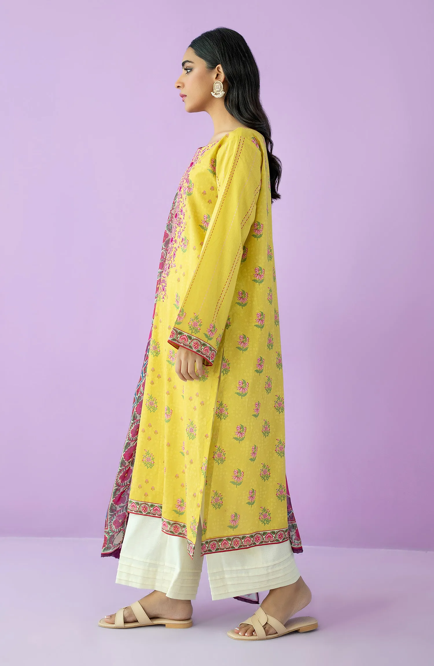 Unstitched 2 Piece Embroidered Lawn Shirt and Bimber Chiffon Dupatta (NRDS-23-066/U YELLOW)