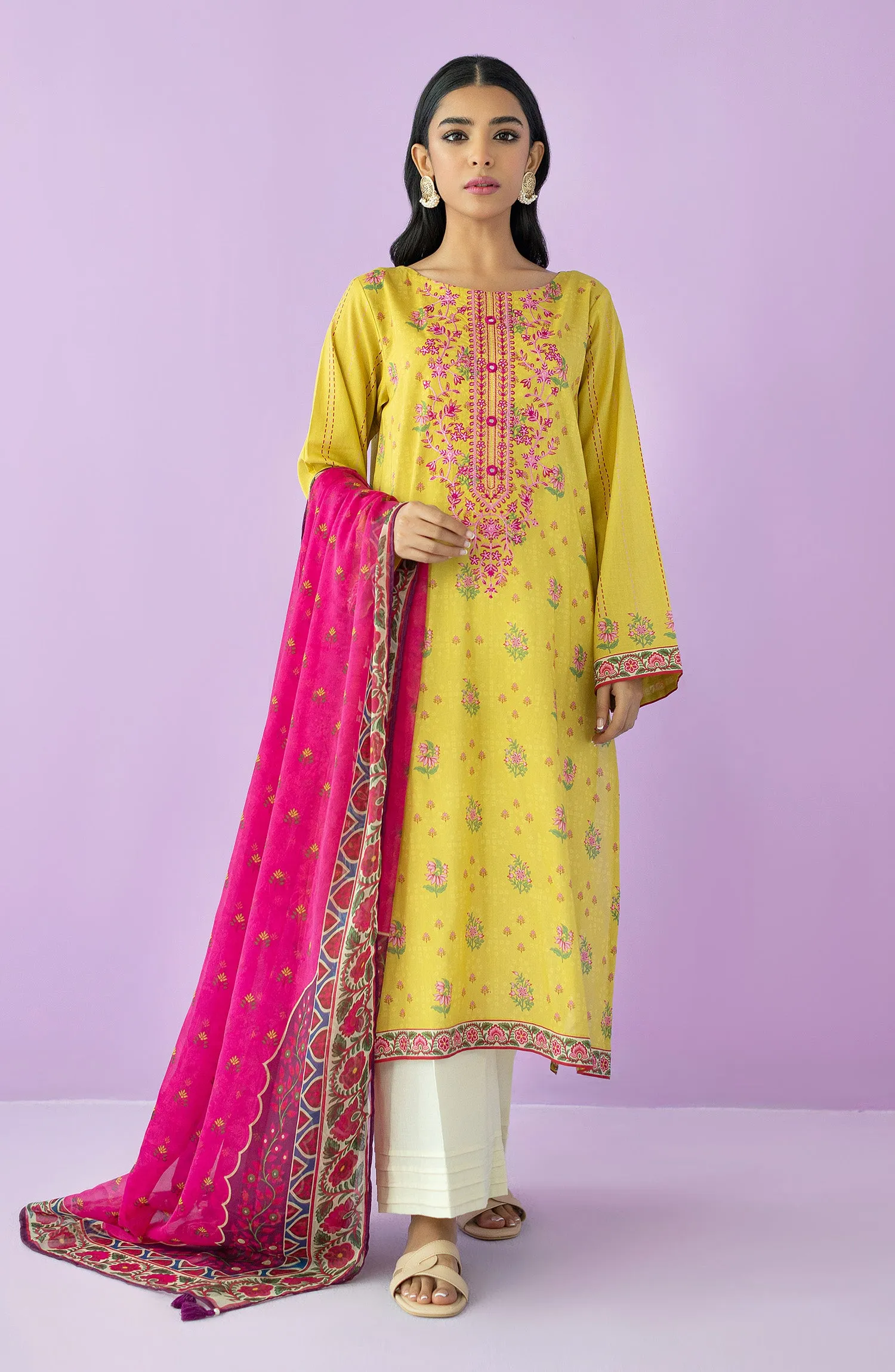 Unstitched 2 Piece Embroidered Lawn Shirt and Bimber Chiffon Dupatta (NRDS-23-066/U YELLOW)