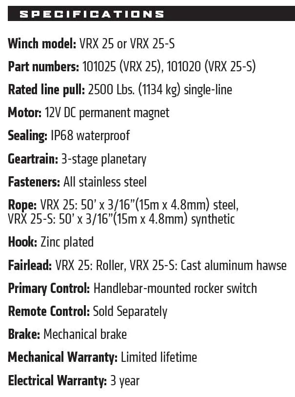 WARN VRX 2500LB (1100KG) 12V ATV WINCH WITH SYNTHETIC ROPE
